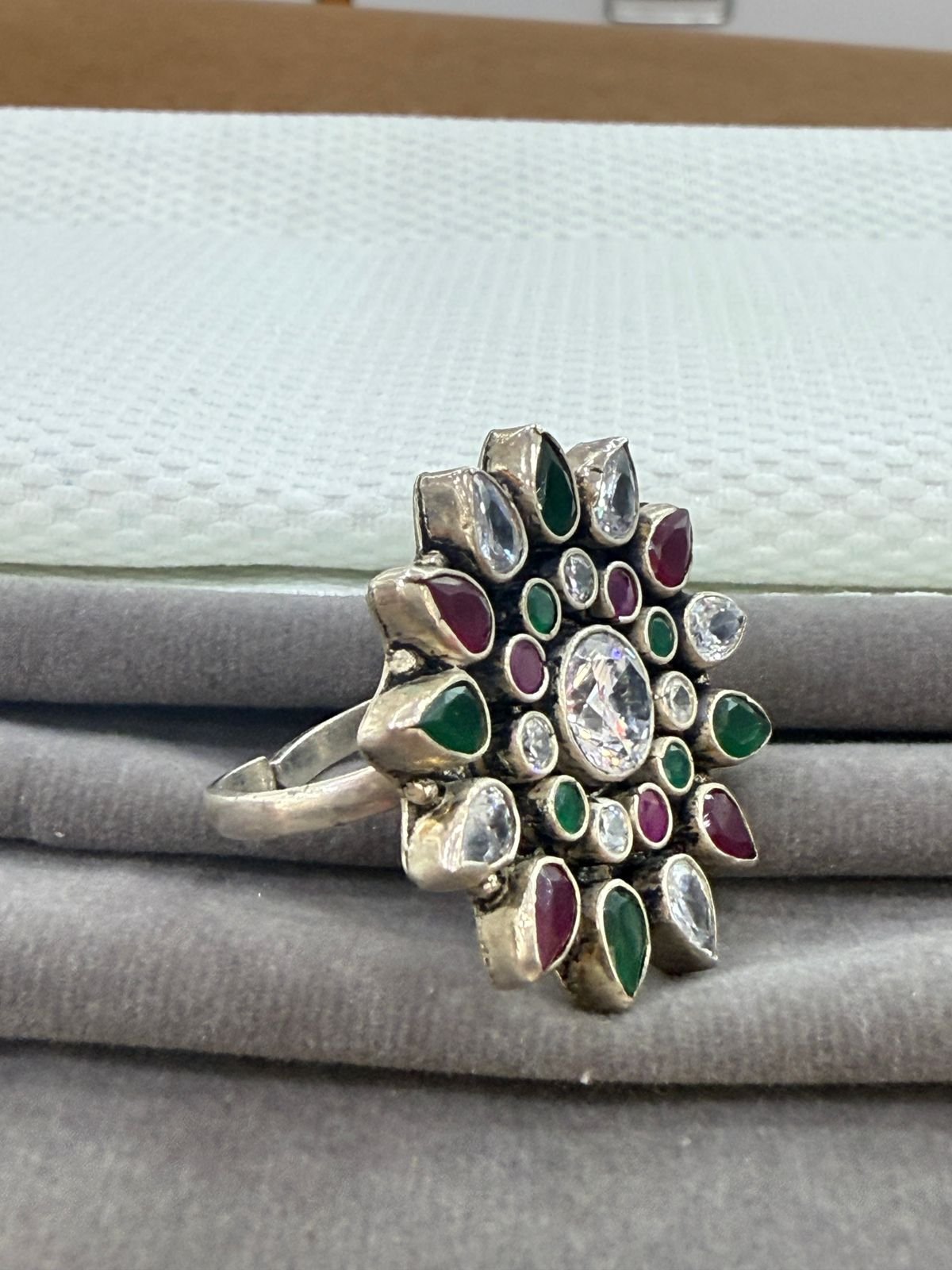 Premium 92.5 Silver Kundan Flower Adjustable  Women’s Ring